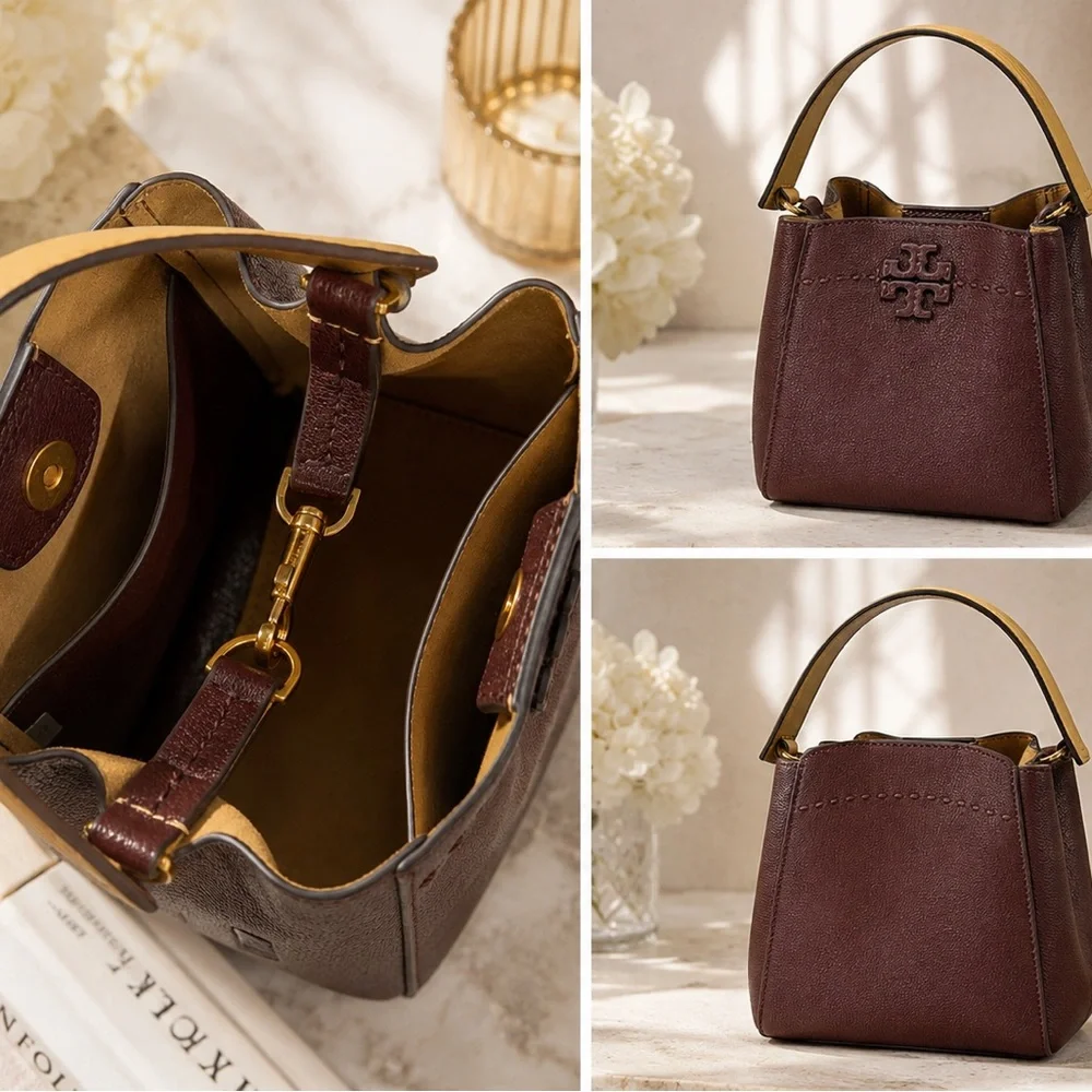 Tory Burch Burgundy Leather Mini Tote with Gold Hardware